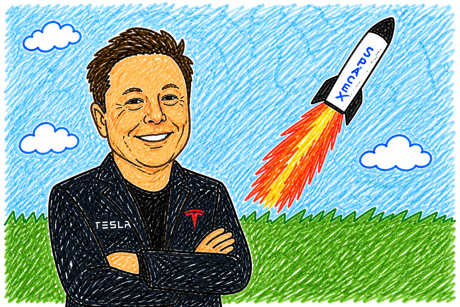 Crayon drawing of Elon Musk with a SpaceX rocket in the sky